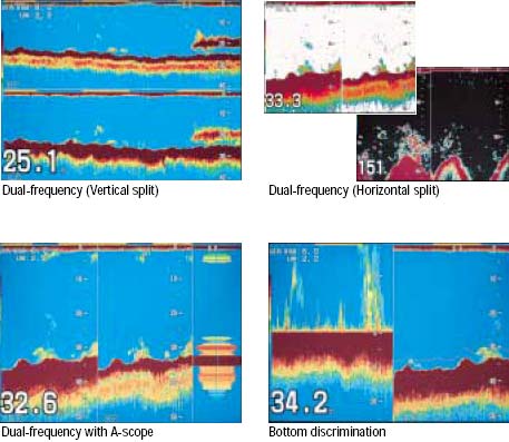 Fish Finder, Dual-frequency with A-scope, horizontal split, vertical split, bottom discrimination